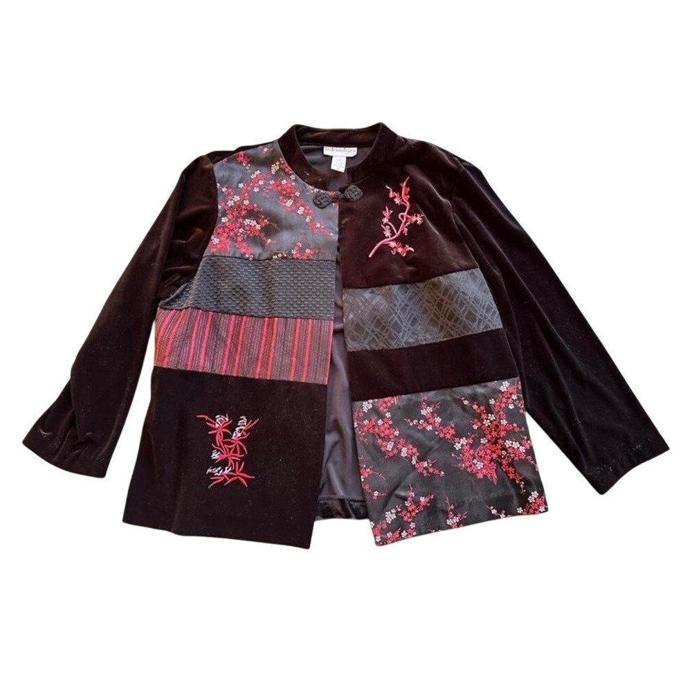Black velvet goth  patchwork jacket with‎ red floral embroidery and knot detail.